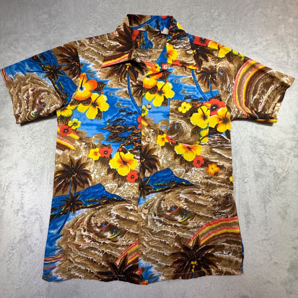 Vintage 70s Aloha Hawaiian‎ Shirt Small Brown Blue Tropical Surfer Polyester